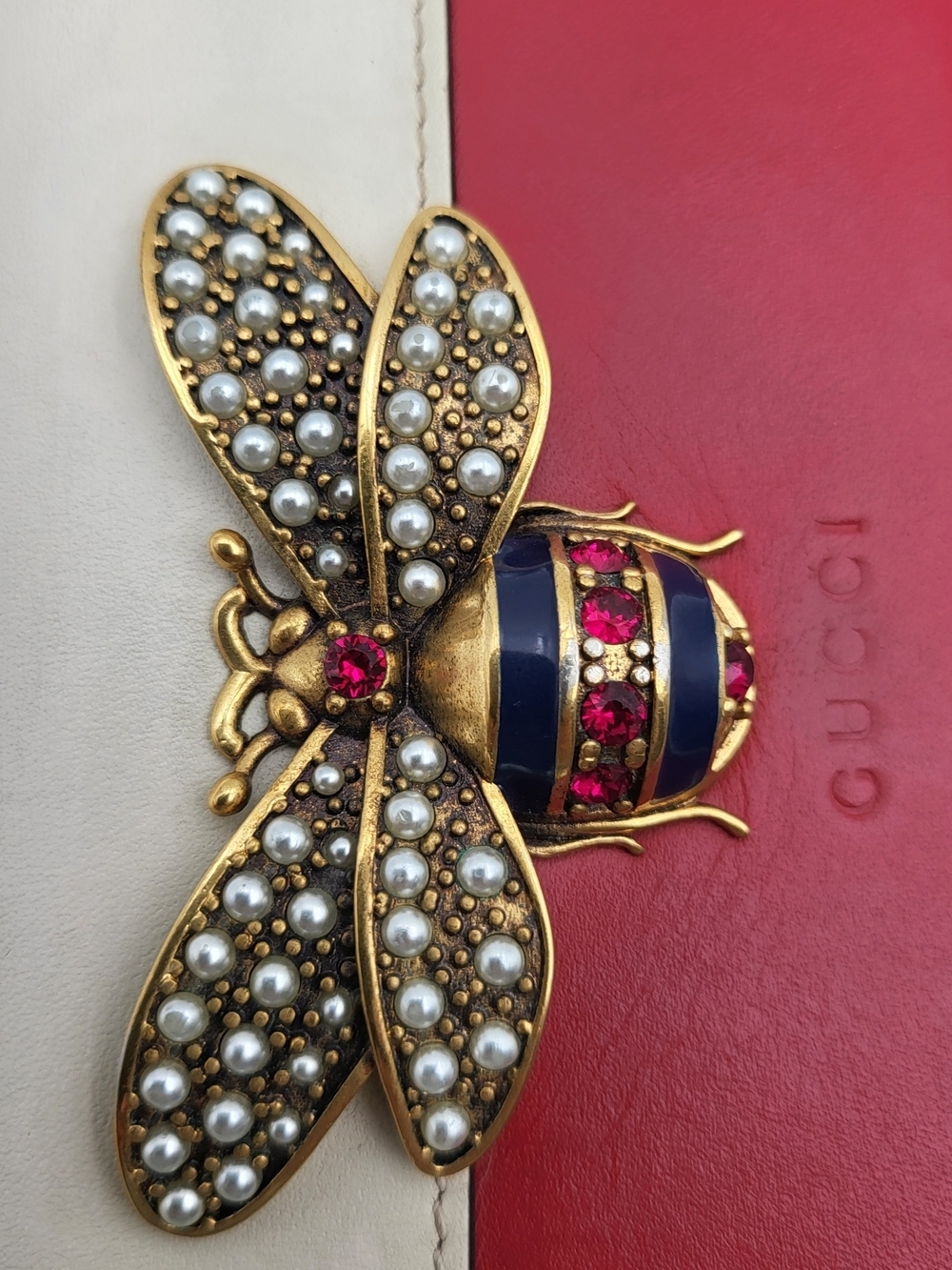 GUCCI Calfskin Queen Margaret Chain Wallet Blue Agata Hibiscus Red Mystic White. - Picture 12 of 16